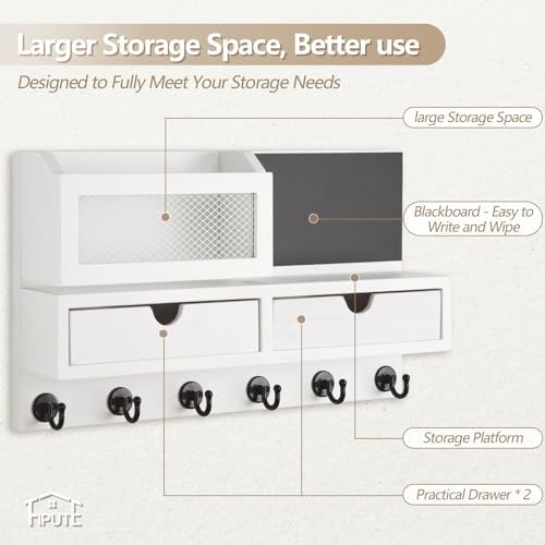 Key Holder for Wall, Key and Mail Holder for Wall with Storage Drawer, Entryway Rustic Home Decor, 3 Liquid Chalks & Chalkboard, 15.98”W x 9.1”H x 3.3”D, White - Image 4