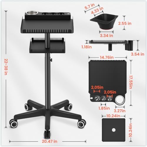 TASALON Professional Hair Extensions Organizer Cart Metal Salon Tray Cart with 2 Magnetic Bowls, Hair Dryer Holder, Adjustable Rolling Base, Black - Image 6