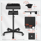 TASALON Professional Hair Extensions Organizer Cart Metal Salon Tray Cart with 2 Magnetic Bowls, Hair Dryer Holder, Adjustable Rolling Base, Black - Image 6