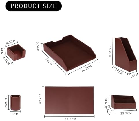 Office Supplies PU Leather 6-Piece Desk Organizer with Writing Pad, Letter Tray, File Folder Sorter, Pen Cup, Note Holder, Business Card Holder - Brown - Image 4