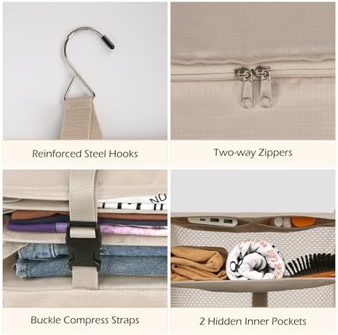 Surblue Hanging Closet Storage Bag Collapsible 3-Shelf Washable Oxford Fabric with 2 Hooks (XL 17.71 * 11.81 * 20in, Beige) - Image 6