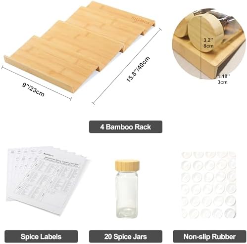 Spice Drawer Organizer with 20 Bamboo-lidded Spice Jars,216 Labels,25 Non-slip Rubber, Bamboo 4 Tier Seasoning Rack Tray Insert for Kitchen Drawers,Cabinets,Countertop,9" Wide x 15.8" Deep - Image 3