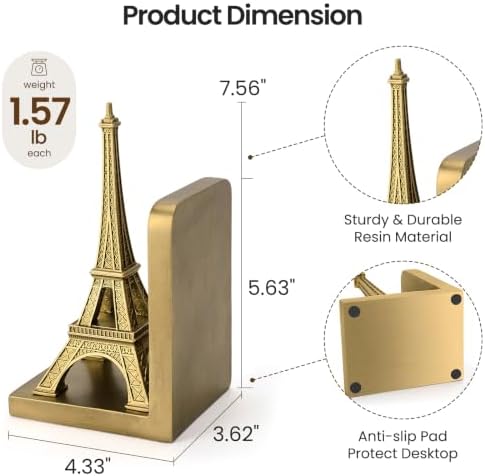 Eiffel Tower Decorative Bookends, Vintage Gold Book Ends for Shelves - Image 3