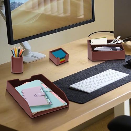 Office Supplies PU Leather 6-Piece Desk Organizer with Writing Pad, Letter Tray, File Folder Sorter, Pen Cup, Note Holder, Business Card Holder - Brown - Image 6