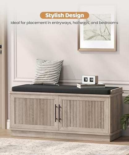 Akxomel 39.4" Fluted Shoe Storage Bench 2 Doors Wooden Entryway Bench Grey - Image 4
