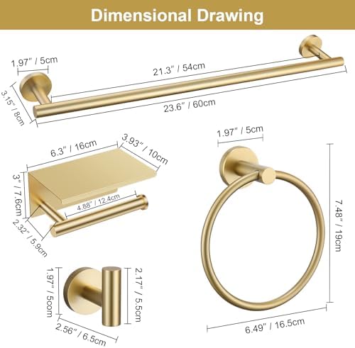 Brushed Gold Bathroom Hardware Set, 5 Pieces Gold Towel Bar Bathroom Accessories, Upgraded Toilet Paper Holder with Shelf Set, 23.6 Inch Towel Rack Towel Holder for Bathroom Wall - Image 6