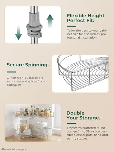FOHERE 32" Kidney Lazy Susan Corner Cabinet Organizer, 2-Tier Adjustable Height Chrome Steel Shelves, 270° Rotating Tray, Blind Corner Kitchen Storage Replacement - Image 3
