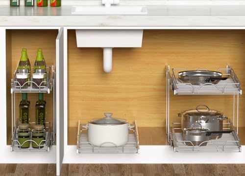 OCG Pull Out Cabinet Organizer 2 Pack (21" W x 21" D), Pull out Shelves 1 Tier, Cabinet Slide Out Shelves for Base Cabinet Organization in Kitchen Bathroom Pantry, Bottom Mount, Chrome Finish - Image 5