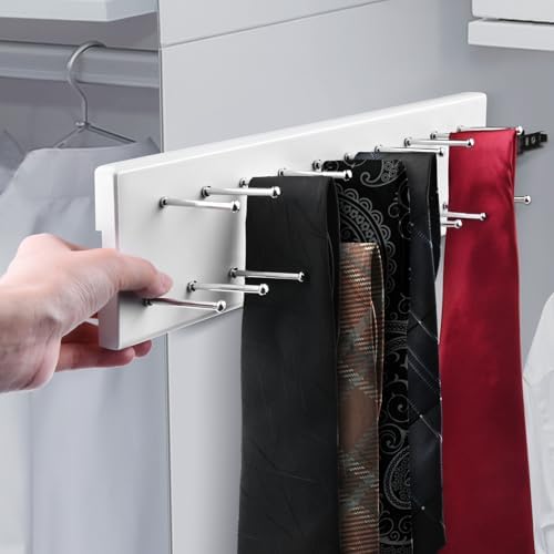 Pull Out Tie Rack for Closet, Wood Sliding Belt Rack with 21 Tie Hanger - Image 4