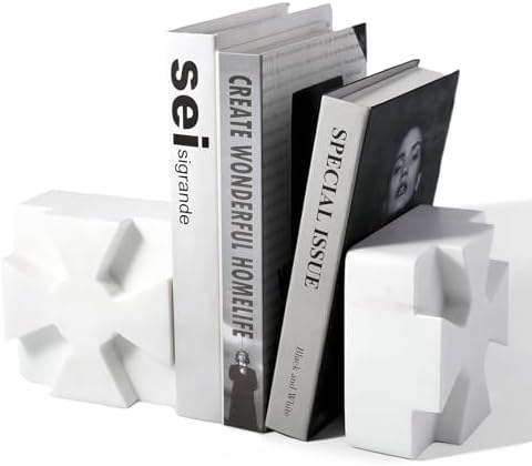 Decorative Square Marble Bookends for Heavy Books – Unique Book Ends for Shelves – Modern Aesthetic Book Holder/Stopper with Non-Slip Pads for Chic Home, Office, or Library Decor, White - Image 7