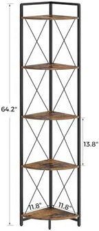 5 Tier Corner Shelf Stand, 64" H Tall Corner Bookshelf, Rustic Brown - Image 2