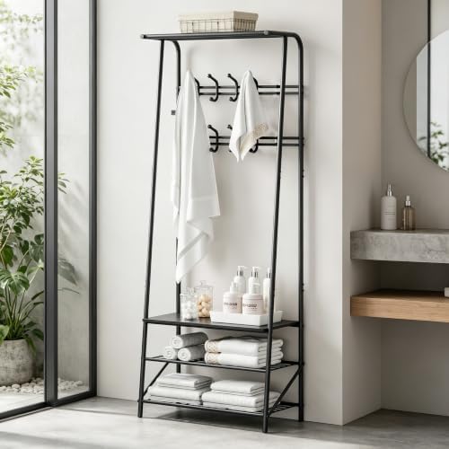 Jojoka 4-in-1 Entryway Coat Rack Hall Tree with Bench & Shoe Rack, Freestanding Storage for Hooks, 3-Tier Shoe Cabinet, Hanging Rod for Hallway, Front Door, Mudroom by Jojoka