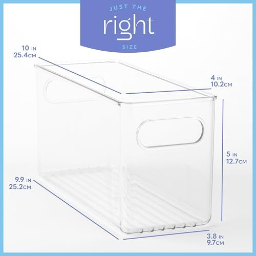 Plastic Food Storage 4 Pack Clear Container Bin with Handles for Organizing Kitchen, Pantry, Refrigerator, Freezer, Pantry, Cabinet, Closet, Bathroom. 10”x4”x5” - Image 3