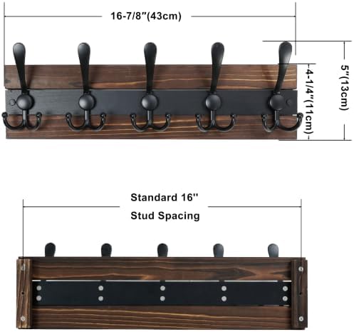 SKOLOO Rustic Wall Mounted Coat Rack - 17" Long Coat Hooks for Wall with 5 Triple Hooks for Hanging Coats, Hats or Tools - Kitchen, Mudroom, Entryway, Bathroom, Wood Brown & Black - Image 2