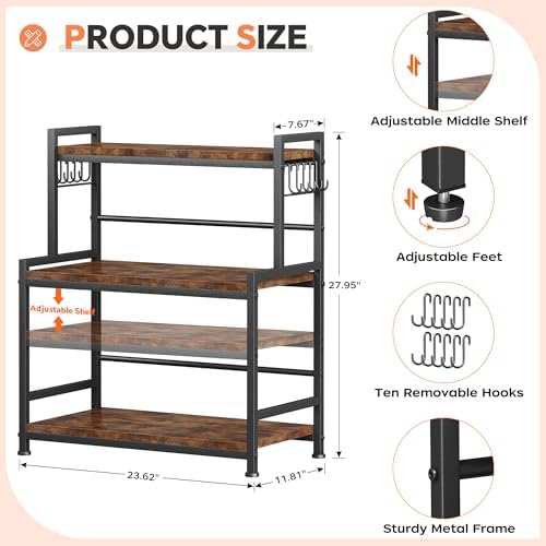 23.6"W Large Kitchen Countertop Organizer,3 Tier Spice Rack Organizer with Adjustable Shelf and 10 Hooks,Wooden Counter Organizer,Space Saving Countertop Shelf Microwave Stand for Kitchen,Coffee Bar - Image 2