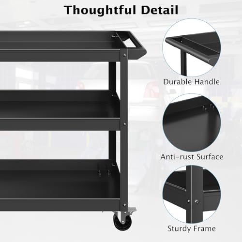 Goplus 3-Layer Service Utility Cart, Heavy Duty Unity Cart with Flat Handle, 2 Lockable Universal Wheel, 400 lbs Capacity, Rolling Tool Cart for Garage, Kitchen, Hotel, Office, Workshop Black - Image 3