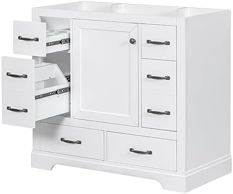Flieks 36" Bathroom Vanity Without Sink, Cabinet Base Only, Six Drawers, Multi-Functional Drawer Divider, Adjustable Shelf, White - Image 3