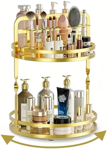 360°Rotating Makeup Organizer, Gold Bathroom Organizer Countertop by DUANFEE