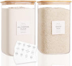 CZZGSM 2 Pack Square Glass Flour and Sugar Containers with 132 Kitchen Pantry Labels - Thicken 149 FL OZ Large Glass Storage Jars with Airtight Bamboo Lid - Big Food Canisters for Rice, Pasta, Cookie by CZZGSM