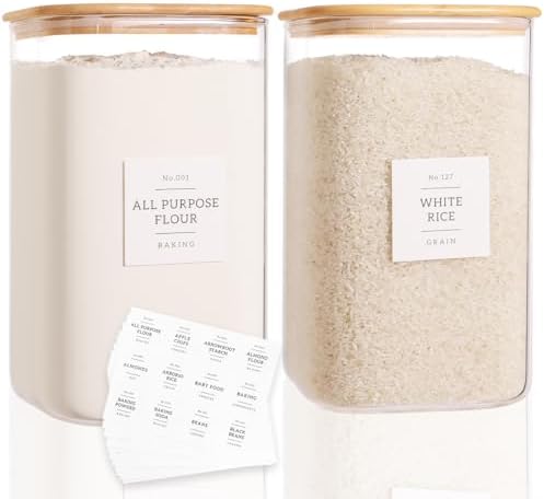 CZZGSM 2 Pack Square Glass Flour and Sugar Containers with 132 Kitchen Pantry Labels - Thicken 149 FL OZ Large Glass Storage Jars with Airtight Bamboo Lid - Big Food Canisters for Rice, Pasta, Cookie by CZZGSM