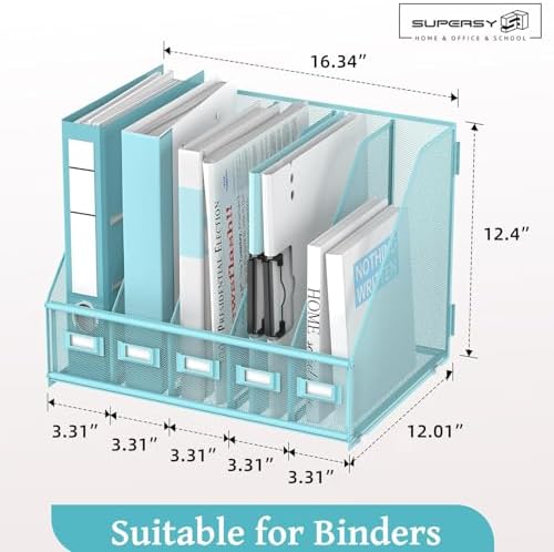 SUPEASY Desk Organizers Metal Desk Magazine File Holder with 5 Vertical Compartments Rack File Organizer for Office Desktop, Classroom, Home Workspace, Blue Plus - Image 3