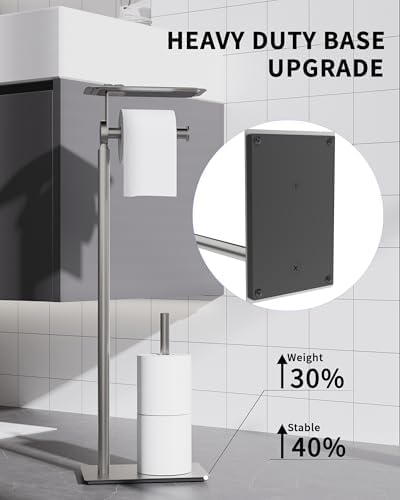 Toilet Paper Holder Stand, Free Standing Toilet Paper Holder with Shelf for Bathroom, Stainless Steel Brushed Nickel Toilet Paper Roll Holder with Storage, Reserve for 3 Rolls, Weighted Base - Image 5