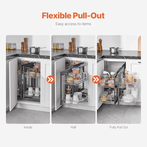 VEVOR Min 15" W Opening Blind Corner Pull Out Organizer, 2 Tier 4 Shelf Kitchen Cabinet Organizer, Chrome Carbon Steel Storage Basket, Slide Out Storage Organizer, Left & Right Open Compatible - Image 6