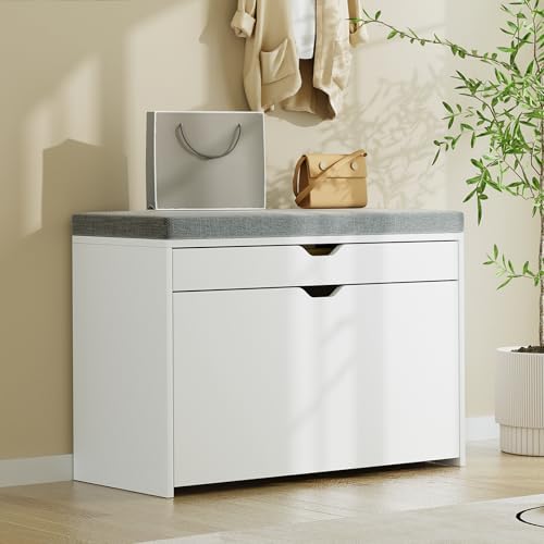 VOWNER Shoe Storage Bench with 3-Tier Flip Drawer, Shoe Rack Bench with Adjustable Shelves & Hidden Storage Space, Shoe Organizer for Entryway, Hallway, Living Room, White - Image 3