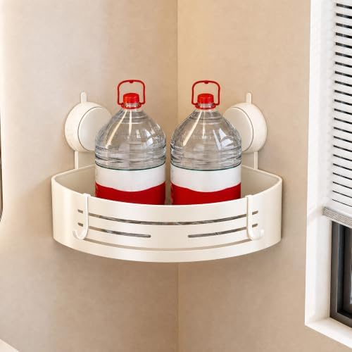 No-Drilling Corner Suction Cup Shower Caddy(1-Pack Cream White),Rust-Proof and Durable Bathroom Organizer with Towel Bar & Hooks,Modern Large-Capacity Wall-Mounted Shower Shelf - Image 6