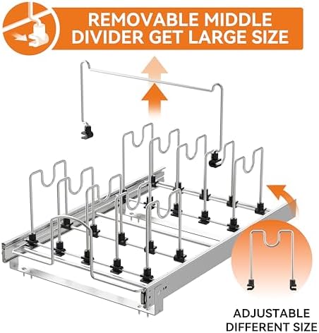 Pull Out Pots and Pans Organizer Under Cabinet, Sliding Adjustable Pot Rack with 9 Adjustable Dividers, Chrome-Plated Pot and Pan Holder Rack, Full-Extension Rail for Kitchen Organization 12" W*22" D - Image 4