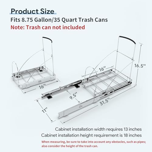 Tanamu Pull Out Trash Can Under Cabinet，Under Sink Slide Out Garbage for Kitchen，Requires 13" W X 18" D Minimum Cabinets，Not Included Can，Chrome Adjustable for 7-10 Gal Can - Image 3