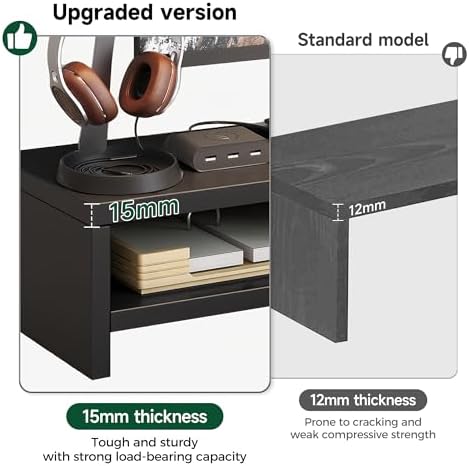 Wooden Monitor Stand Riser, 2-Tier Desk Shelf with Storage Organizer, Ergonomic Computer Stand, Storage Organizer for Laptop, Computer, Black, 15.7 Inch - Image 5