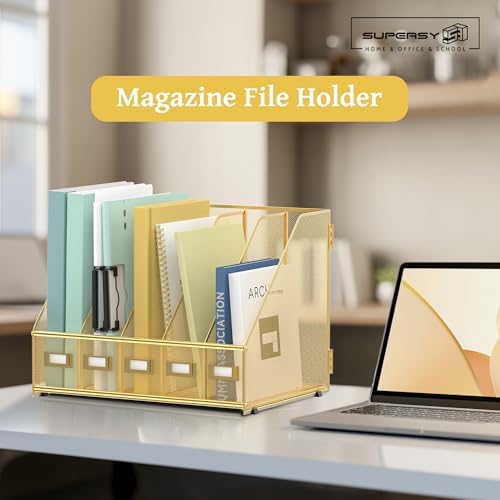 SUPEASY Desk Organizers Metal Desk Magazine File Holder with 5 Vertical Compartments Rack File Organizer for Office Desktop, Classroom, Home Workspace, Gold - Image 2