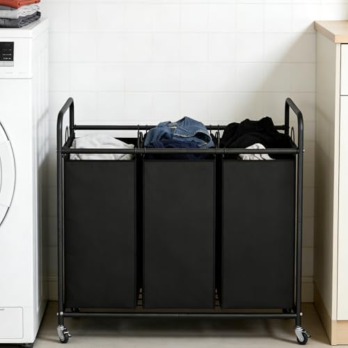 LINZINAR 3 Section Laundry Hamper, Black Laundry Basket 135L Laundry Sorter - Image 2
