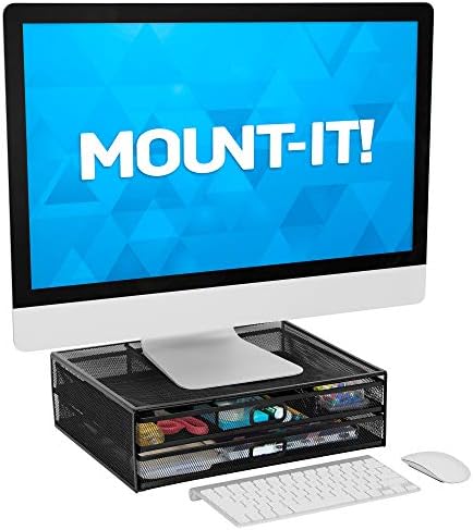 MOUNT-IT! Computer Monitor Stand With Drawers, Metal Mesh Riser and Organizer for Laptops and Computer Screens, Laptop, and Printer Accessories and Office Supplies (Black) - Image 6