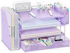 gianotter Wood Desk Organizers and Accessories with File Holder, 4-Tier Desk Accessories & Workspace Organizers with Drawer and 2 Pen Holder, Desk Reference Organizer (Purple, 4T with Metal Drawer) by gianotter