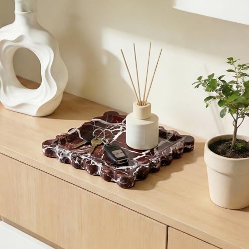 Scalloped Square Marble Decorative Tray, Natural Stone Vanity & Jewelry Tray, Trinket Organizer for Ring, Key, Dresser, Nightstand, Bathroom Counter & Kitchen Sink(Rosso Lepanto) - Image 5