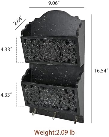 Rustic Key and Mail Holder for Wall Home Decorative,2-Slot Mail Organizer Wall Mount with 3 Hooks, Wooden Key Hangers Wall File Organizer Letter Sorter for Letter Magazines（Black） - Image 2