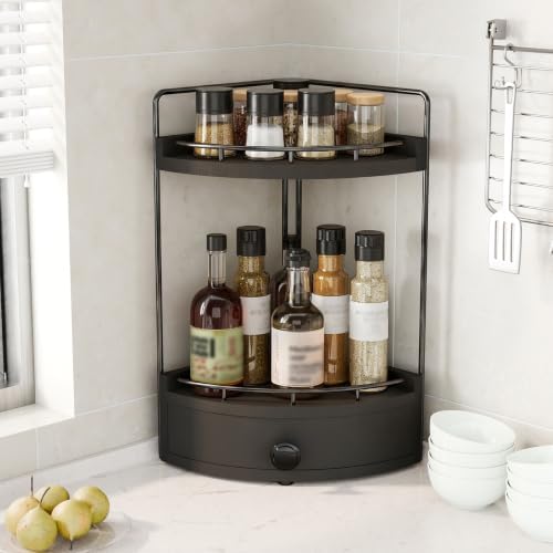 2-Tier Corner Bathroom Counter Organizer with Drawer, Black - Image 2