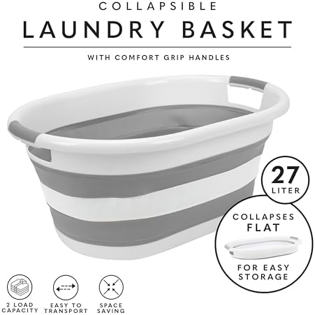 Laundry 360 Collapsible Laundry Basket | Portable | Space Saver Storage | 27 Liter Capacity | Store Under the Bed or Closet | Good for Kids | Dorm | Bedroom | Large | White/Grey - Image 2