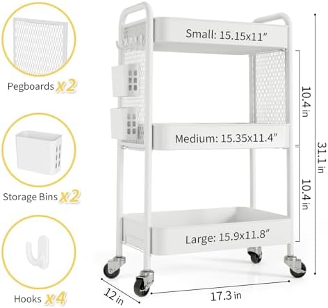TOOLF 3 Tier Rolling Cart, Metal Utility Storage Cart with Pegboard, White - Image 6