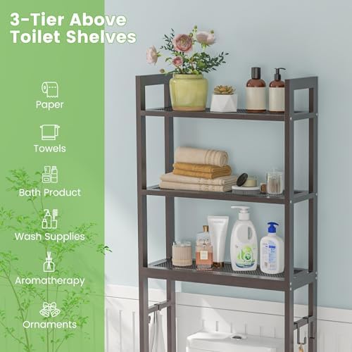GIANTEX Over The Toilet Storage Shelf, 3-Tier Freestanding Space Saver Above Toilet Shelves with 3 Hooks & Adjustable Bottom Bar, Over Toilet Bathroom Organizer for Restroom, Laundry (Coffee) - Image 7