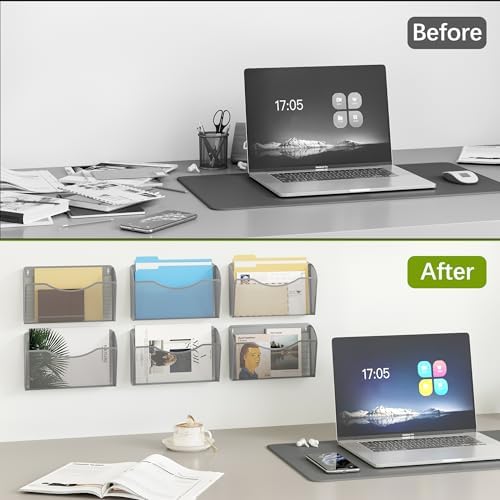 EasyPAG 6 Pack Wall File Organizer, Metal Mesh Hanging File Folder Holder for Letter/A4 Size Folders, Vertical Wall Mount Mail Sorter for Office Paperwork, Classroom, Silver - Image 6