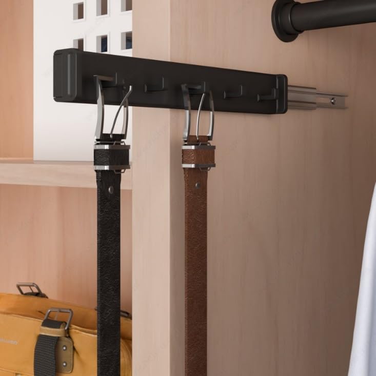 5-Hook Designer Wardrobe Reversible 11.75" Length Closet Belt Rack with 11" Retractable Pullout Extension and Installation Hardware (Matte Black) by HardwareforHomeBusiness