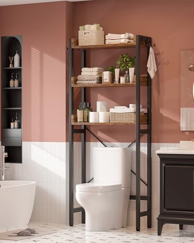 Ecoprsio Over-The-Toilet Storage Rack, 3-Tier Bathroom Organizer Shelf Over Toilet, Freestanding Space Saver Toilet Stands with 4 Hooks, Rustic Brown - Image 2