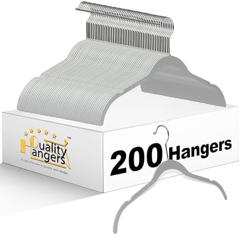 Quality Hangers Clothes Hangers 200 Pack - Non-Velvet Plastic Hangers for Clothes -Heavy Duty Coat Hanger Set -Space-Saving Closet Hangers with Chrome Swivel Hook, Non-Flocked Hangers (200, Gray) by QualityHangers