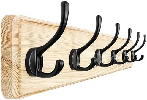 Dseap Coat Rack Wall: 24" Long, Patented, Heavy-Duty, 6-Double-Hooks Wooden Wall Mounted Coat Rack Coat Hanger Hook Rail for Winter Coats Hat Jacket Clothing, Light Brown by Dseap