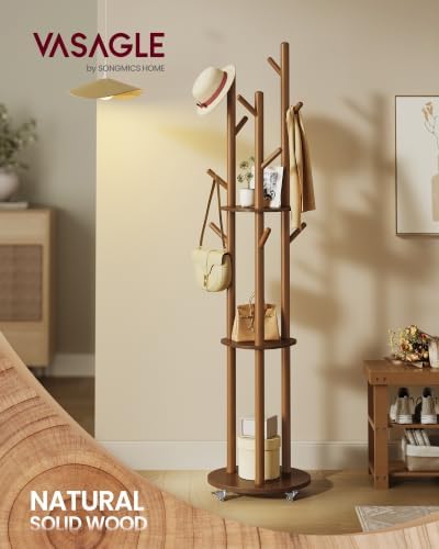 VASAGLE Freestanding Coat Rack Stand, with Wheels, 11 Hooks, 3 Shelves - Image 2