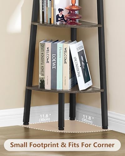 Hoctieon Corner Shelf, 5-Tier Corner Bookshelf, Rustic Ladder Shelf, Industrial Display Stand for Living Room, Kitchen, Home Office, Balcony, Small Space, Metal Frame, Grey - Image 5