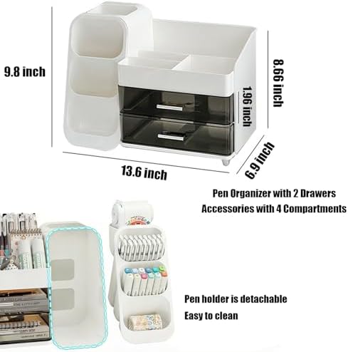 Desk Organizer with Pen Pencil Holder, Pen Organizer with 2 Drawers & 4 Compartments, Desktop Organizers and Storage for Office Home School Art Supplies (Pink) - Image 5